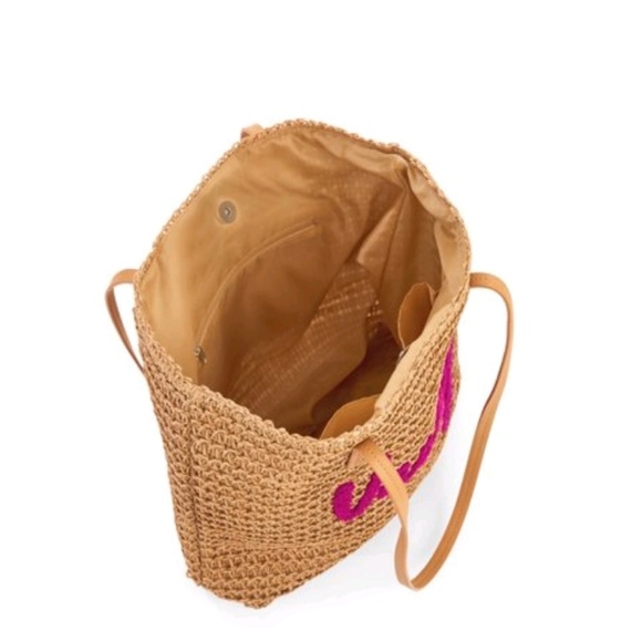 Vacay Straw Tote Beach Pool Bag Tan Pink - Picture 2 of 5